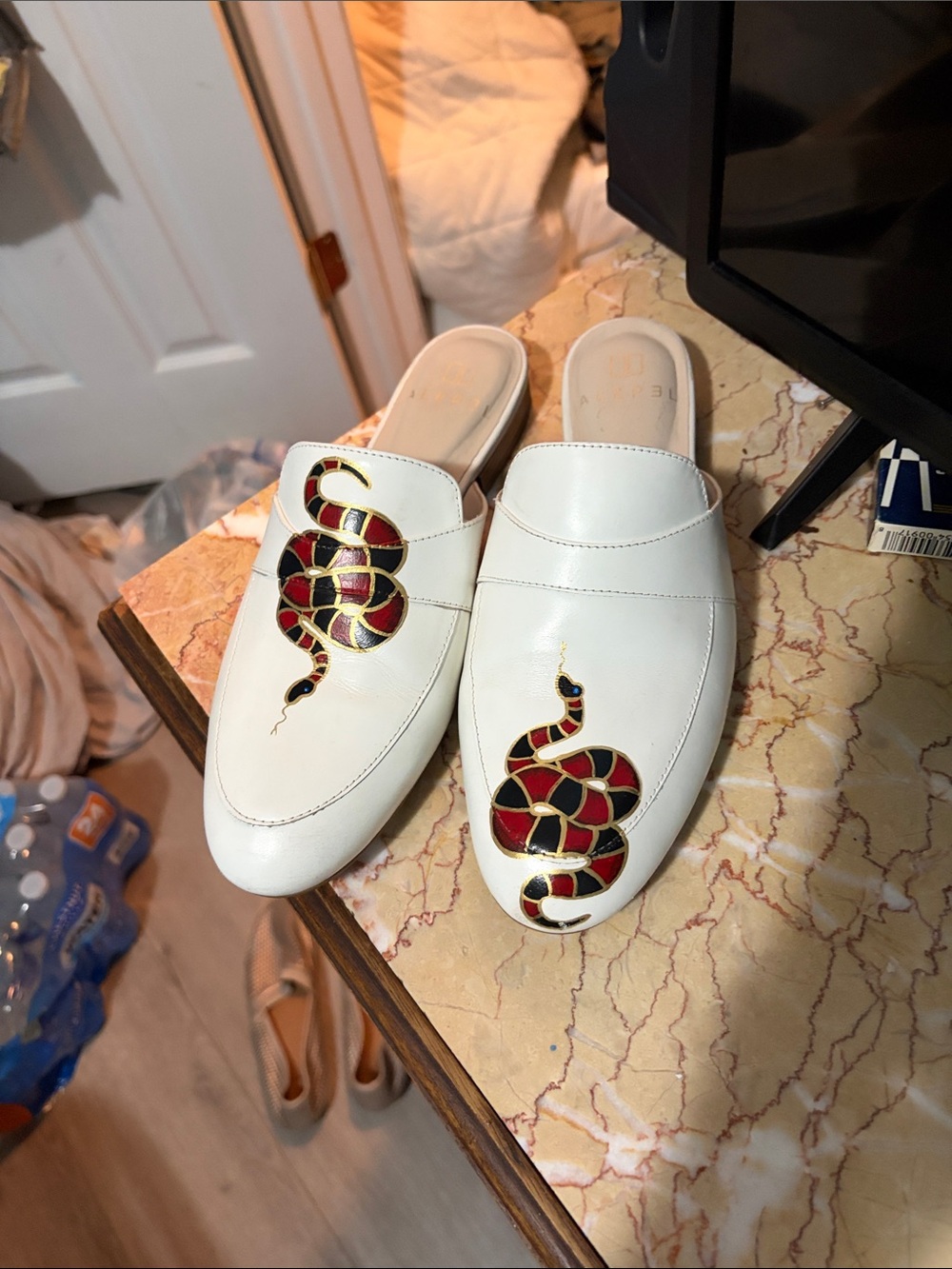 White Leather Slip-On Mules with Red & Black Snake Appliqué